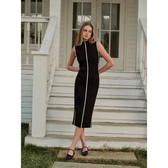 Commense Black Sleeveless Mock‎ Neck Midi Dress with White Trim Detail Size M - Picture 15 of 17